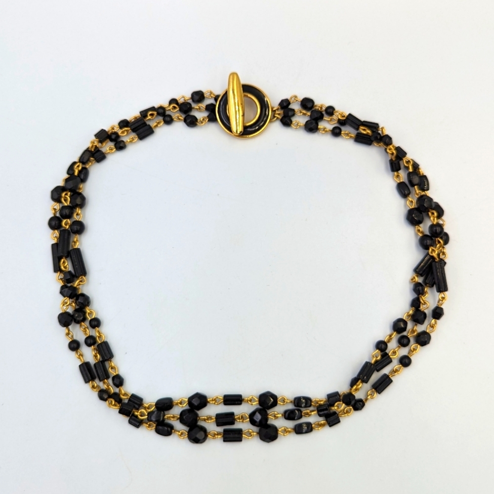 3 Strand Black Glass Beads Gold Tone Togle Clasp Anne Klein Choker Necklace 16"
